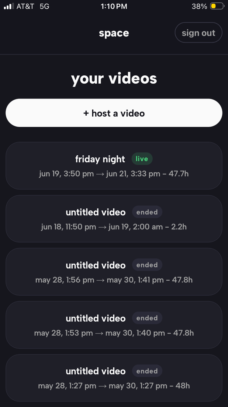 the your-videos gallery in space listing hosted videos