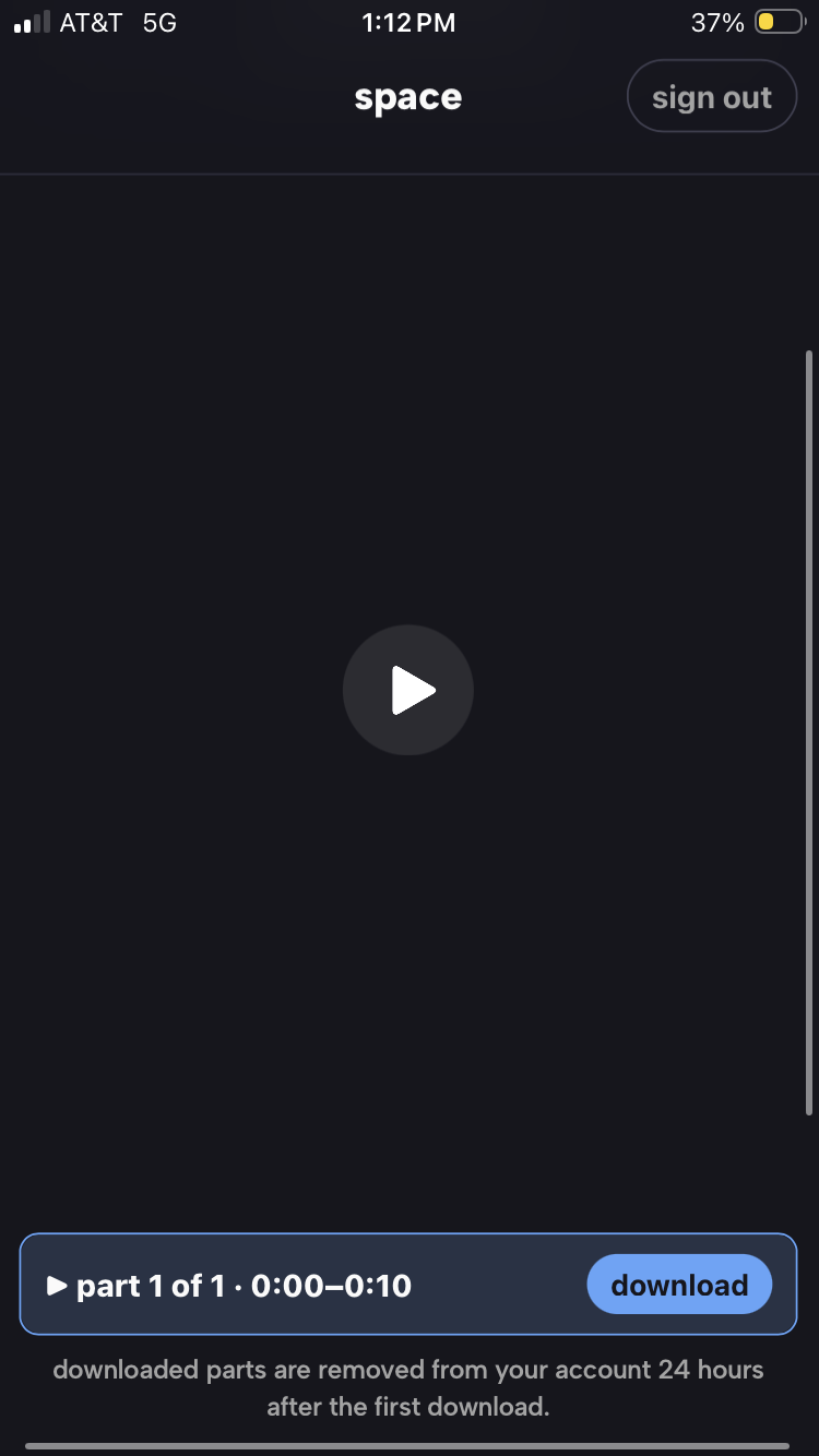 the playback screen in space showing the stitched video and a download option